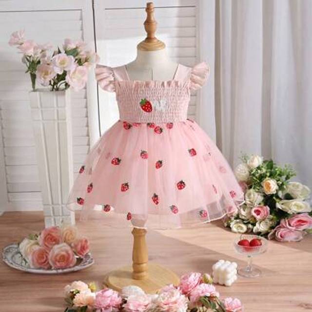 SHEIN Baby Girls Summer Sweet Strawberry Embroidered Cap Sleeve Mesh Dress, Suitable For Festivals, Gatherings, Parties, Birthdays, Vacations