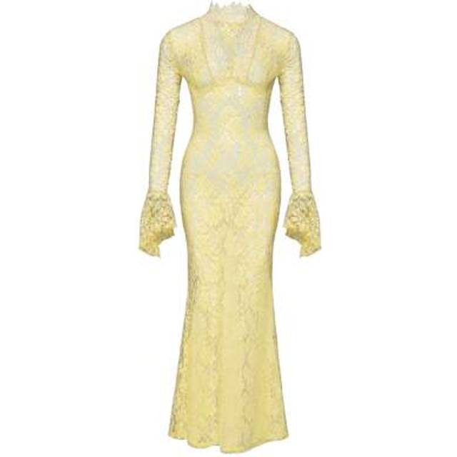SHEIN Valentine Flare Sleeve Lace Mermaid Hem ,Butter Yellow Dress
