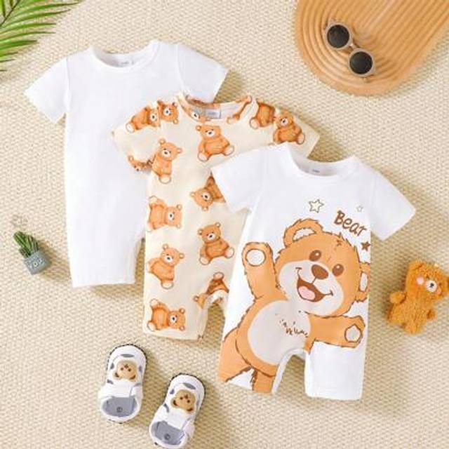 SHEIN 3pcs Baby Boy Cute Casual Bear Graphic Print + All-Over Bear Print + Solid White Short Sleeve Romper Set, Summer