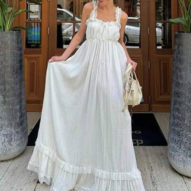 SHEIN Women Long Tank Dress Lace Trim Tie-Up V Neck Sleeveless Backless Empire Waist Ruffle Dress For Evening Party Club