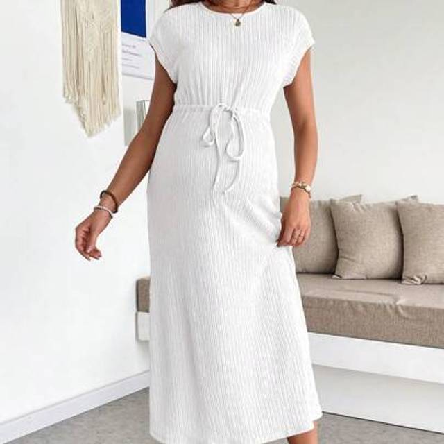 SHEIN Pregnant Women&#39;s Solid Color Knot Round Neck Casual Short Sleeve Dress, Summer Maternity Dress