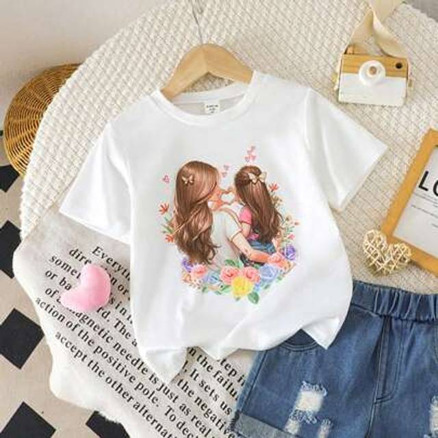 SHEIN Girls & Girl Mother&#39;s Day Holiday Mom And Daughter Print Round Neck Short Sleeve T-Shirt, Suitable For Mother-Daughter Matching Outfits,Holiday,Summer