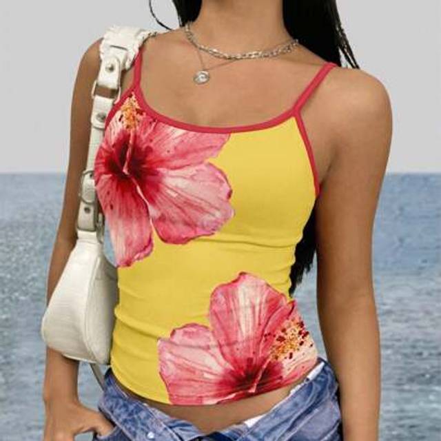 INAWLY Women&#39;s Casual Sexy Camisole Vacation Beach Floral Print Bodycon Cami Top