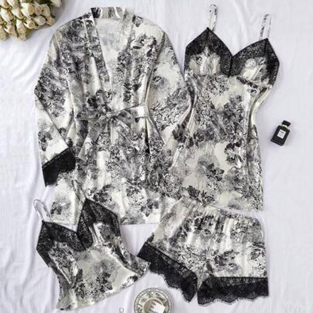 SHEIN 4pcs Women Lace Patchwork Mountain & Water Print Faux Silk Pajamas Set