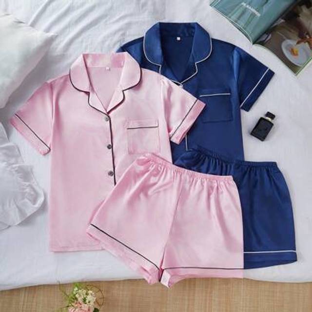 SHEIN 4pcs Faux Silk Sleepwear Set With Collar Cardigan, Short Sleeve Top And Shorts