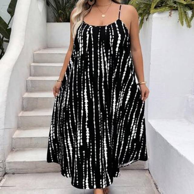 SHEIN Plus Size Summer Tree Pattern Spaghetti Strap Backless Loose Comfortable Vacation Dress, Suitable For Resort And Beach