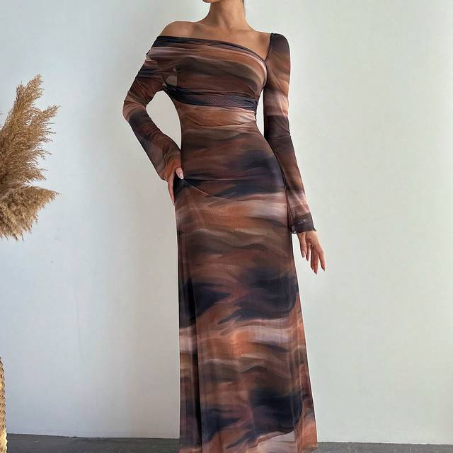 Firerie Women&#39;s Elegant  Romantic Date Party Pleated New Tie Dye Chiffon Asymmetrical Shoulder Flowing  Long Sleeve Slim Fit Dress For Autumn,Winter