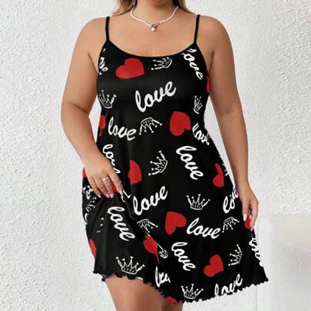 SHEIN Plus Size Women Letter Print Casual Cami Dress, Valentine&#39;s Day