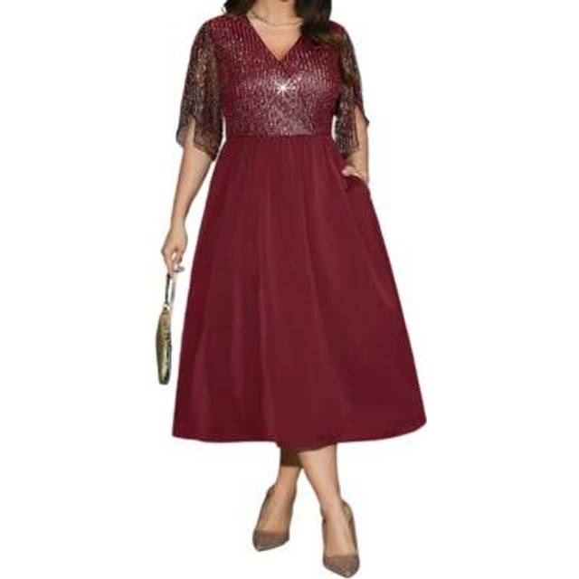 SHEIN Women&#39;s Plus Size Glitter Dress Petal Sleeve Wrap V-Neck Midi A Line Dress With Pockets