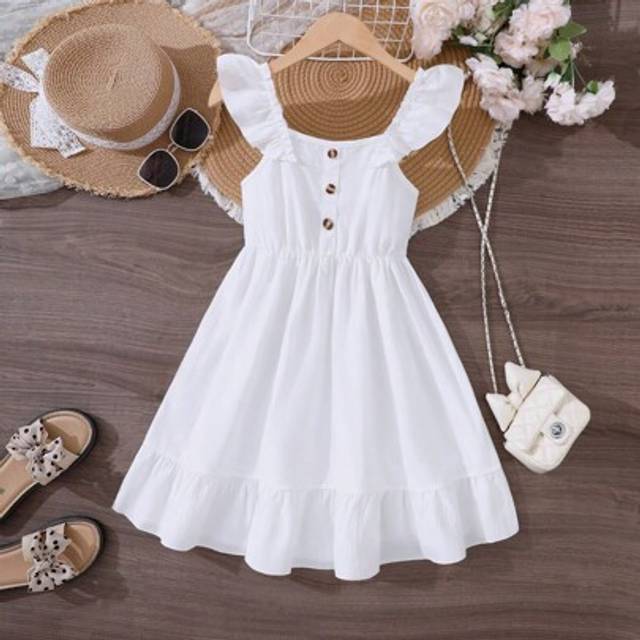 SHEIN Tween Girls White Ruffle Hem Splice Elegant Dress, Spring/Summer