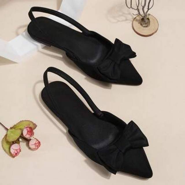 SHEIN Black Pointed Toe Slip-On Ballet Flats With Bow Accent For Women, Comfortable Daily Wear Valentines Halloween Winter