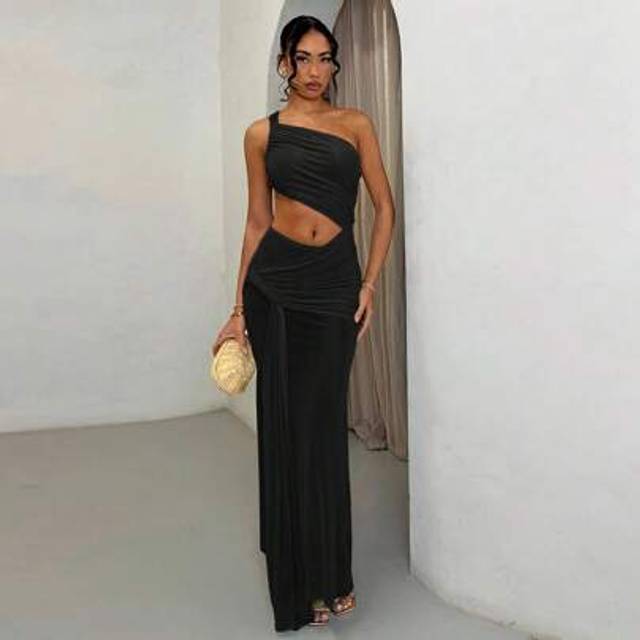 SHEIN Women&#39;s Green Vacation Asymmetrical Neck Fitted Sexy Hollow Out Sheer Dress, Summer Summer Dresses For Women