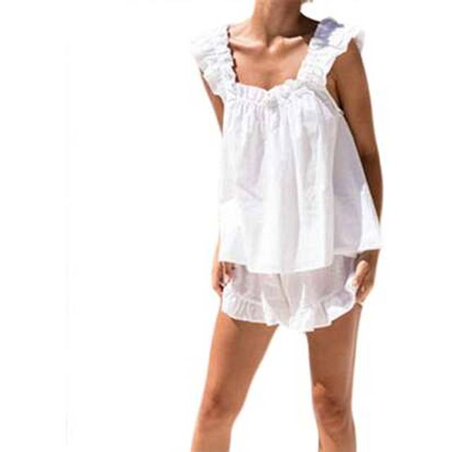 SHEIN Women&#39;s Summer Pajamas Sets Sleeveless Ruffle Crop Tank Top + Ruffle Shorts Lounge Pajama Sleepwear