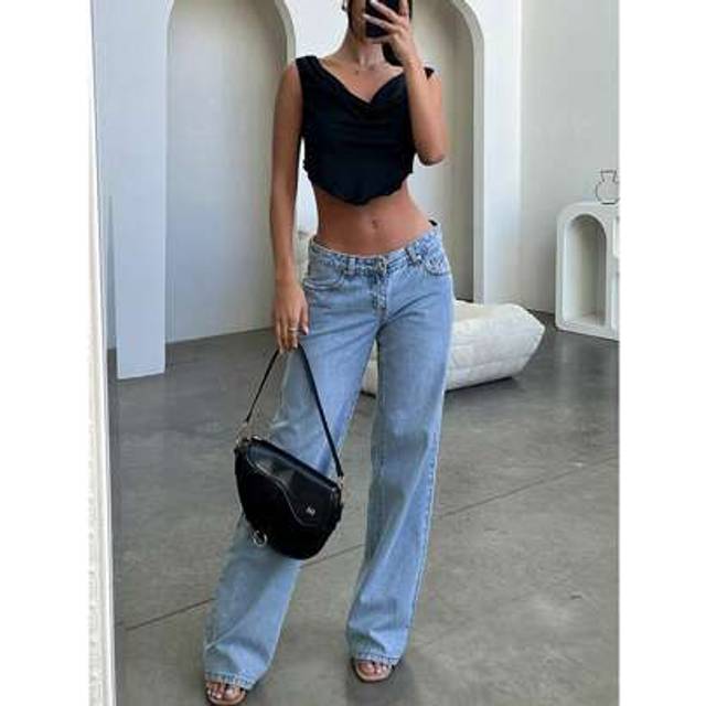 SHEIN Women&#39;s Jeans Pants Low Waist Loose Straight Wide Leg Denim Pants Jean Streetwear, With Pockets
