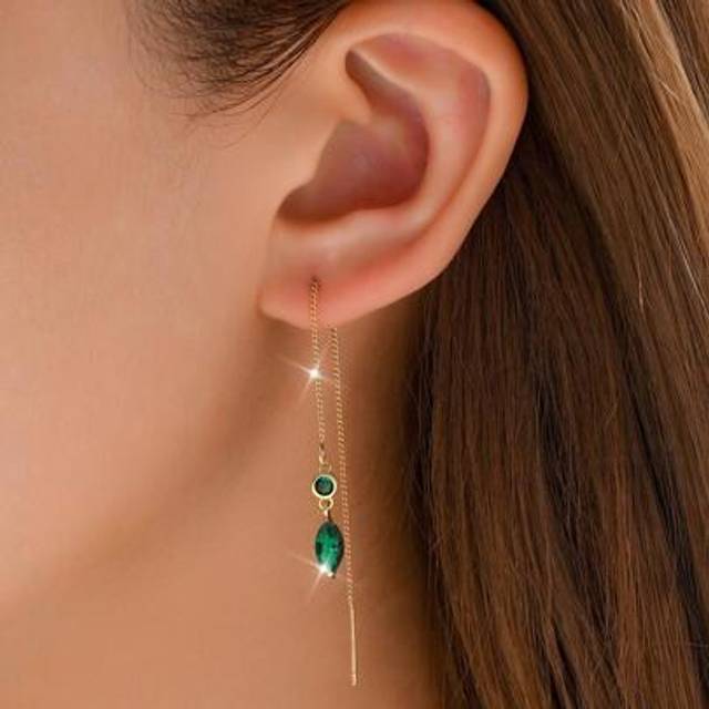 SHEIN 1pc Green Asymmetric Shape Cubic Zirconia Luxury Pendant Threader Earrings For Women Daily Party Date Gift