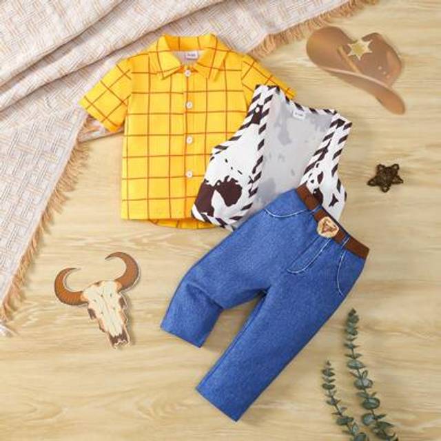 SHEIN 3pcs/Set Baby Boys Outfit, Including: Short Sleeve Shirt, Plaid Lapel Vest, And Straight Leg Loose Pants