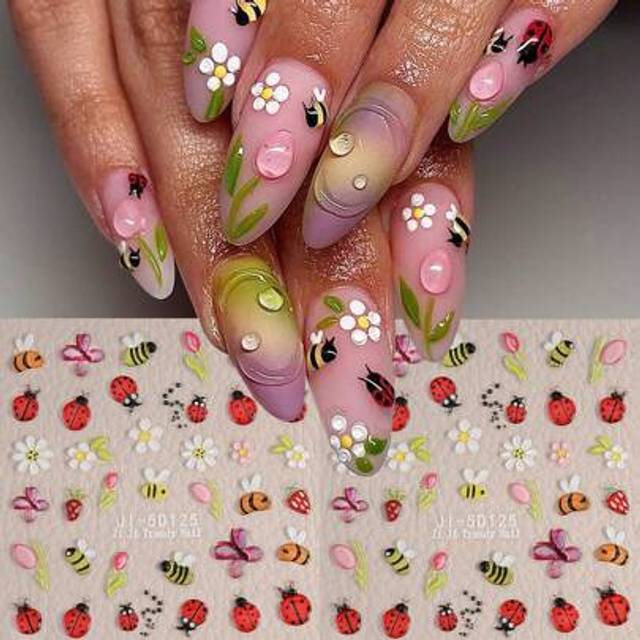 SHEIN 2 Sheets 5D Cute Cartoon Ladybug Bee Floral Nail Stickers Butterfly Strawberry Nail Sliders Elegant Daisy Tulip Floral DIY Nail Art Decals Nail Art De
