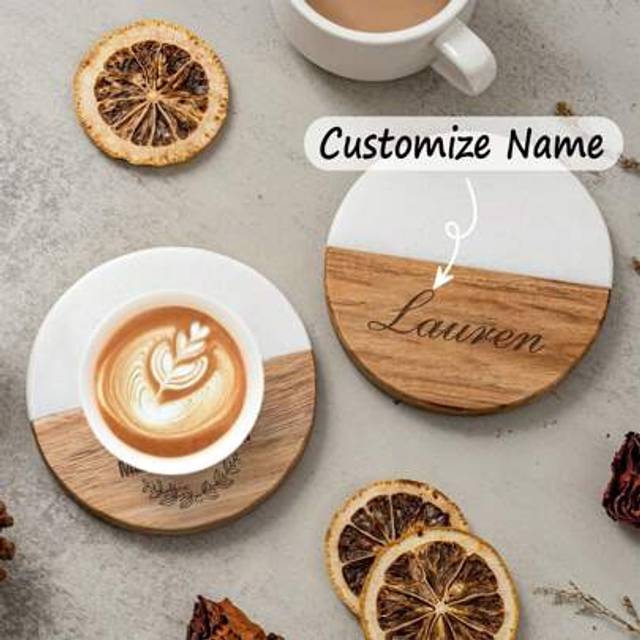 SHEIN Custom Engraved Marble Wood Coasters, Personalized Gifts Coaster Set, New Home Gift, Housewarming Gifts, Newly Wed Gift, Anniversary Gift,Durable,Orna