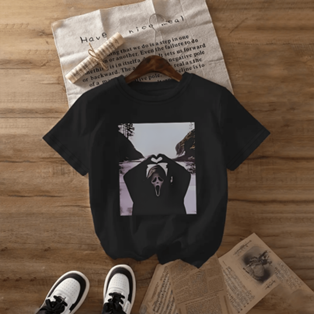SHEIN Casual Comfort] Women&#39;s Graphic Print T-Shirt - Short Sleeve Crew Neck Casual Top With Heart Gesture Design, Black Polyester Tee For Spring & Summer,