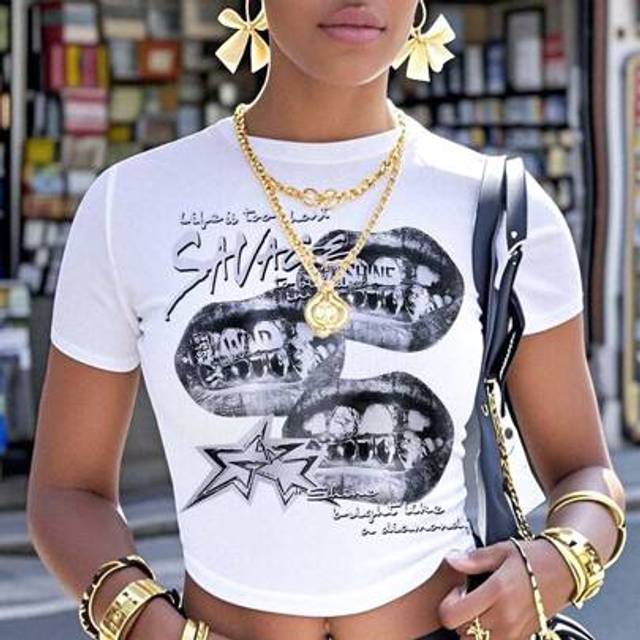 Slaydiva 2025 Streetwear Y2K Style Gold Tooth & Lip Print Crop Top Tight Fit Round Neck Short Sleeve T-Shirt For Women