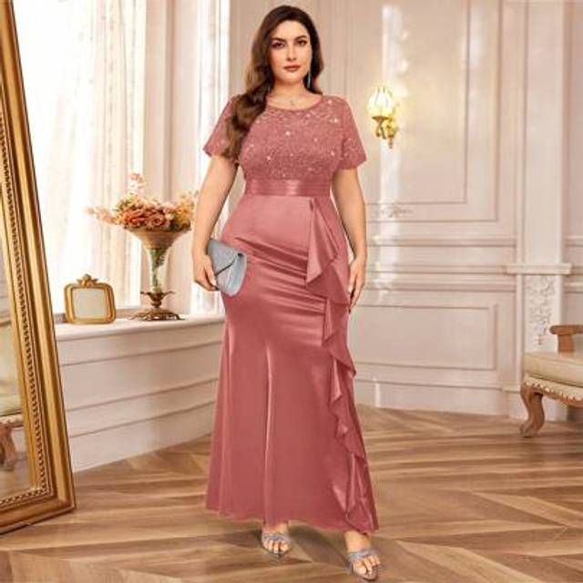 SHEIN Plus Elegant Ruffle Trim Satin Contrast Sequin Lace Mermaid Hem Formal Party Long Dress,Gown,Evening,Wedding Guest