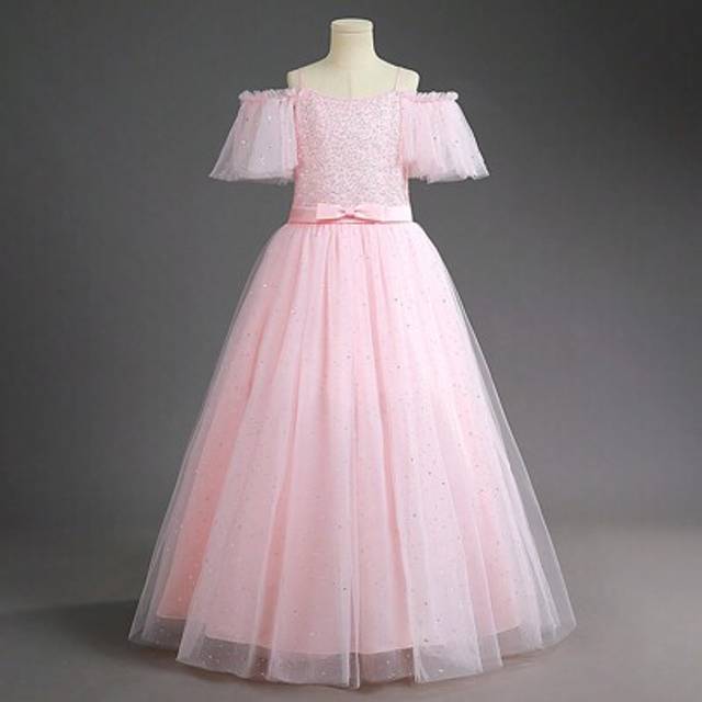 SHEIN Tween Girl Glamour Sequined Tulle Puffy Princess Long Flower Girl Dress, Party Bridesmaid Gown For Birthday, Performance