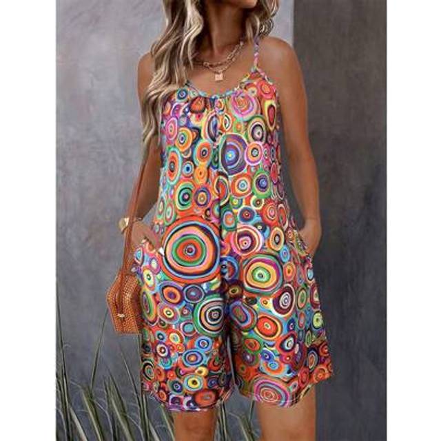 SHEIN Women&#39;s Beach Outfits Vibrant Paisley Print Strappy Sleeveless Romper, Summer Wide Leg Jumpsuit For Women(S-XXL), Casual Sleeveless One Piece For Vaca