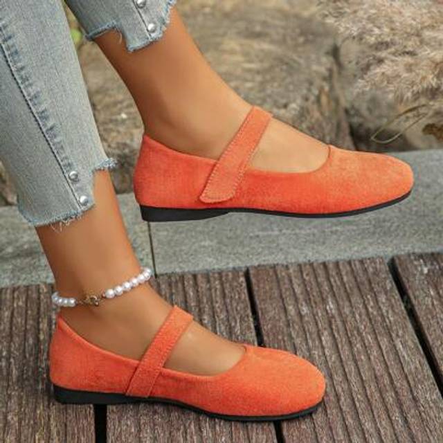SHEIN Plus Size EU36-43 Orange Velvet Mary Jane Flats With Strap For Women, Casual, Work, Party Wear, Soft, Lightweight & Comfortable Ballet Flat Shoes, Spr