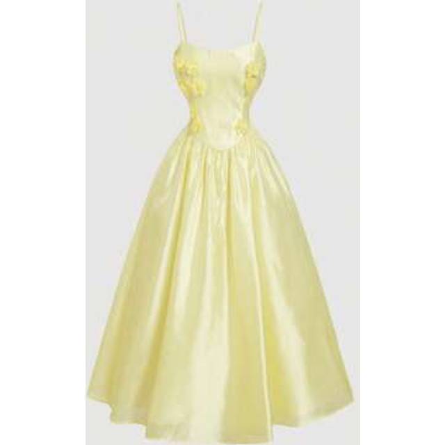 SHEIN Women&#39;s Elegant Yellow Organza Midi Dress With Spaghetti Straps And Floral Appliques
