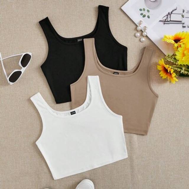 SHEIN 3pcs/Pack Black, White & Grey Crew Neck Ultra-Short Casual Fitted Tank Tops For Women, Summer
