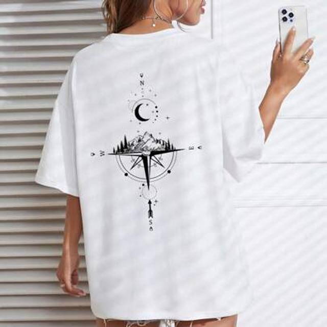 INAWLY Moon & Compass Print Drop Shoulder Tee Graphic Tees Women Tops