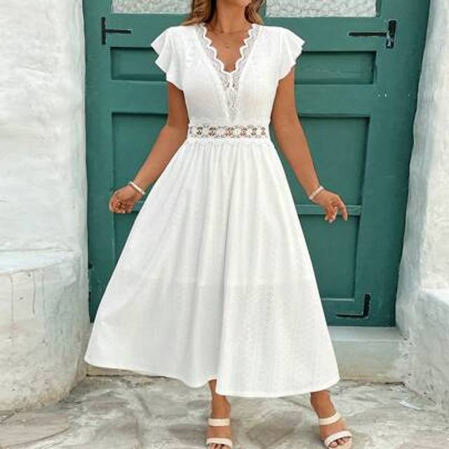 SHEIN Plus Size Women&#39;s Spring And Summer Dresses, White Knitted Jacquard Stretch Lace Patchwork Collar And Waist, A-Line Silhouette, Long Sleeve Women&#39;s Dr