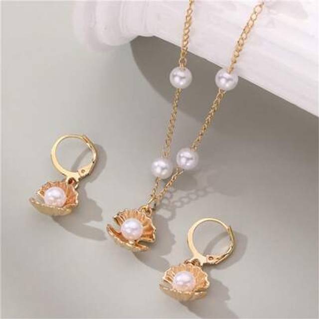SHEIN 3pcs/Set Minimalist Ocean Series Design Single Layer Pearl Children&#39;s Necklace, Earrings Set