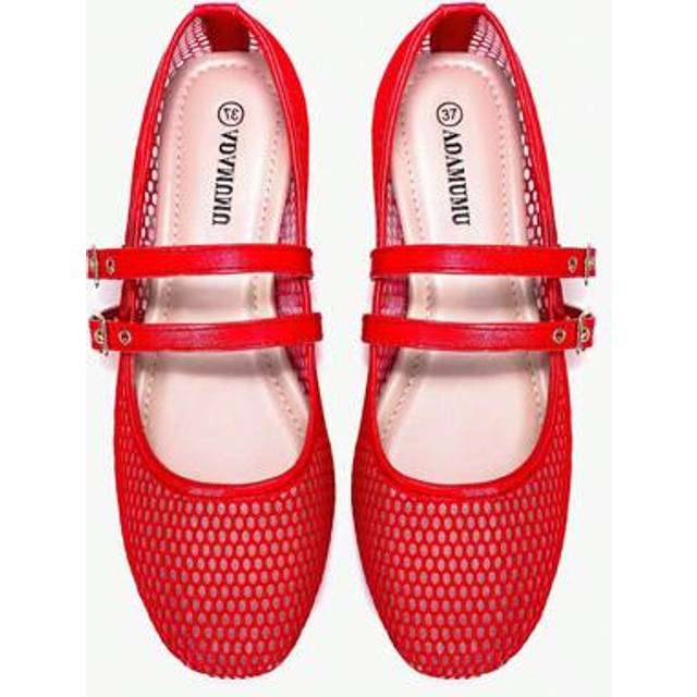 SHEIN Women&#39;s Fishnet Hollow Ballet Flats, Lightweight Mesh, Elegant Dual Buckle Decor, Crafted Perforated Design, Comfortable & Breathable Fashion