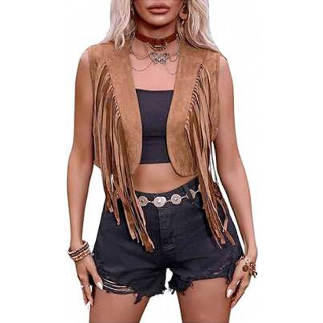 SHEIN Women Crop Vest Tassel Vest 70s Hippie Faux Suede Rivets Sleeveless Fringe Waistcoat Open Front Boho Western Jacket Cardigan