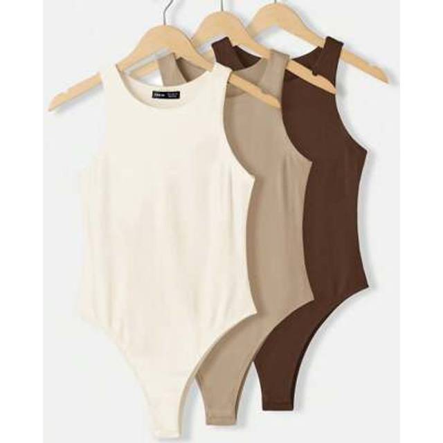 SHEIN 3pcs/Set Casual Round Neck Sleeveless Solid Color Slim Knit Bodysuit For Women