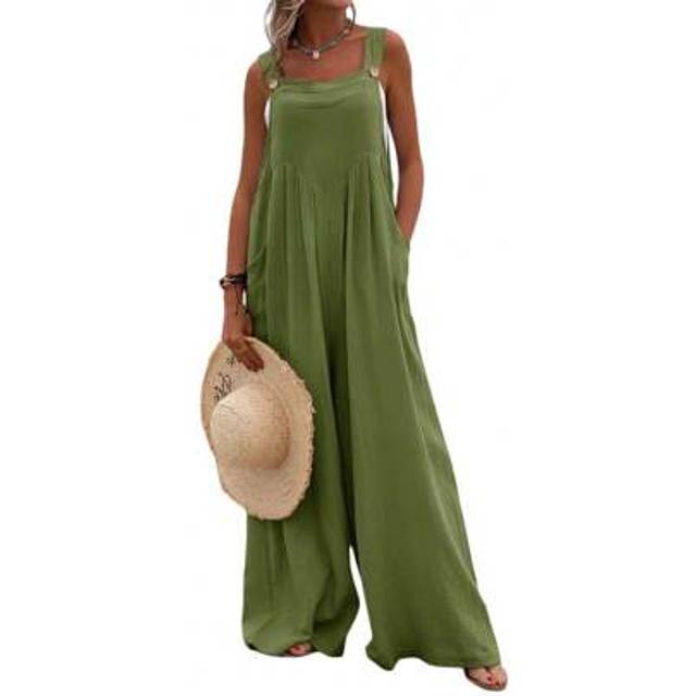 SHEIN Womens Summer Solid Bib Pants Overalls Loose Baggy Wide Leg Long Pants Beach Jumpsuits Rompers For Women With Pockets