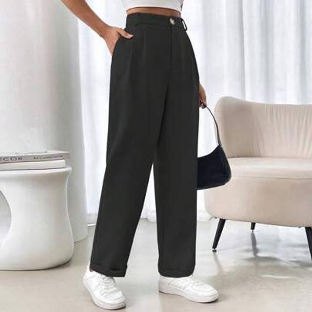 RosyDaze French Style Solid Color Pleated Edge Pocket Women Suit Pants, Non-Stretchable