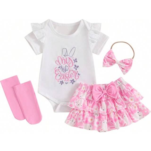 SHEIN Baby Girls Rabbit Outfits Letter Embroidery Flying Sleeve Romper + Bunny Print Skirt + Bow Headband + Socks