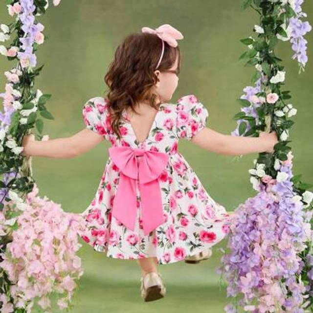 SHEIN Baby Girl Woven Pleated Rose Flower Puff Sleeve Snug Fit Dress, Elegant, Wedding, Flower Girl, Big Bow, Pearls, Bow Back