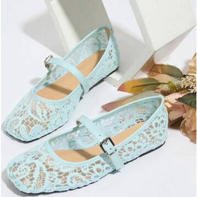 SHEIN Light Blue Women Flat Ballet Shoes, Floral Embroidery Slip-On Sandals, Breathable Hollow Out Mesh Summer Shoes, Wide Fit Square Toe Mary Jane