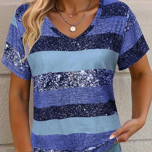 SHEIN Plus Size Fashionable Colorful Sequin-Like Rainbow Striped Print Short Sleeve V-Neck T-Shirt For Women