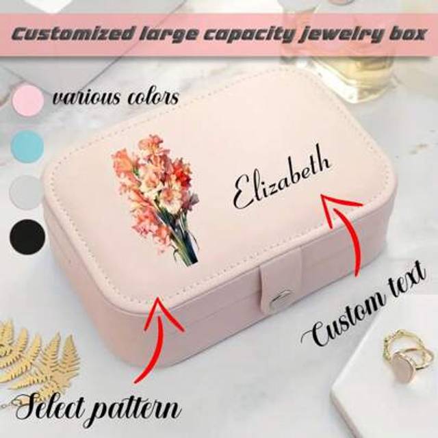 SHEIN Custom 1pc Floral Jewelry Box With Personalized Engraved Text, Large Capacity PU Leather Ring Storage Gift Box, Rectangular Jewelry Case, Bridesmaid M