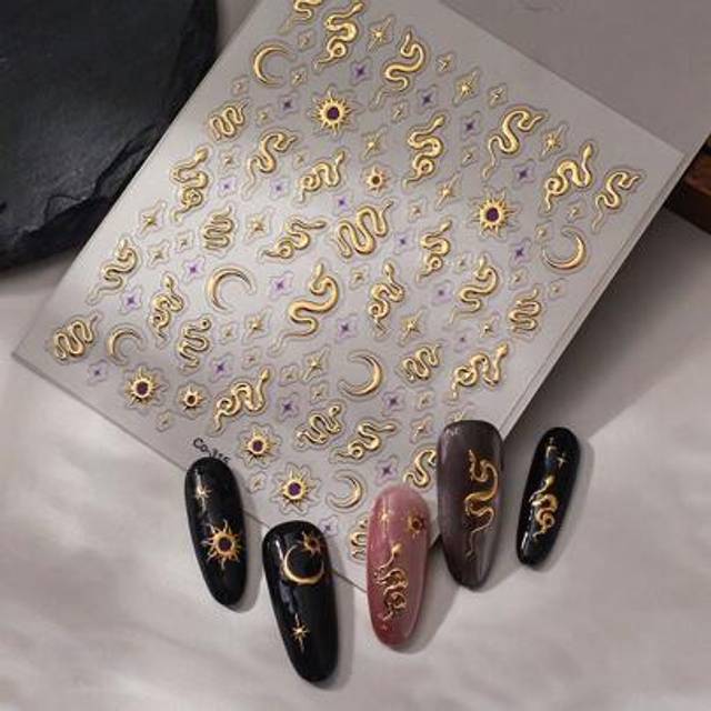 SHEIN 1 Piece 5D Retro Stamping Craft Gold And Silver Serpent Sun Moon Stars Nail Supplies Nail Art Design Decorative Accessories Stereo Embossed Nail Decal