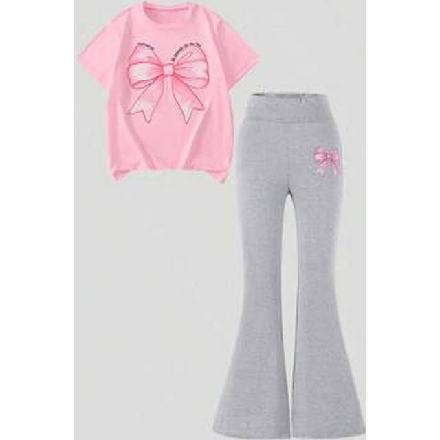 SHEIN 2pcs Set For Teen Girls Pink Bow White Round Neck Short Sleeve T-Shirt & Gray Bow Print Tight Flare Pants Set