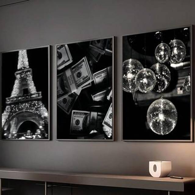 SHEIN 1/3pcs Black Fashion Prints Canvas Paintings Black And White Vintage Wall Art Picture Disco Ball Poster Bedroom,Living Room,Office,Home Decor Unframed
