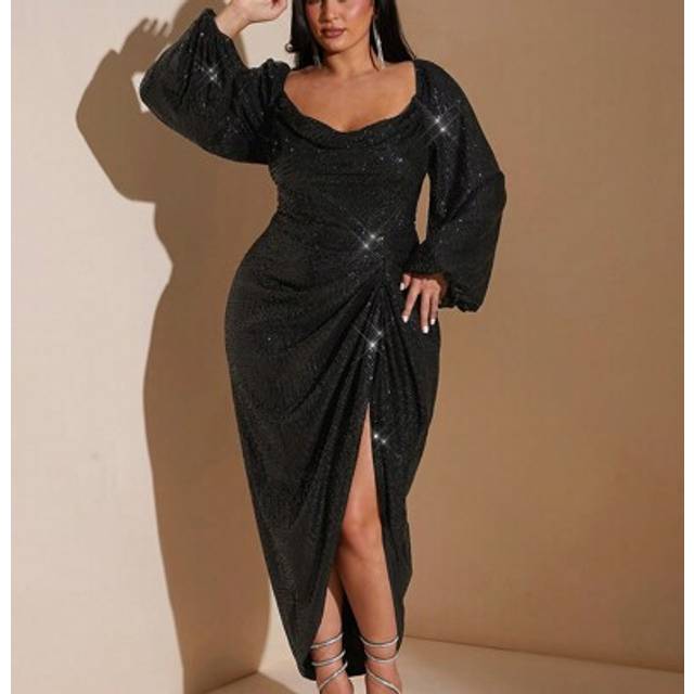 SHEIN Plus Size Women&#39;s Elegant Solid Color Autumn And Winter Party Date Gorgeous Graduation Dress Black Shiny Sequins Halloween Ruched Details Asymmetric H