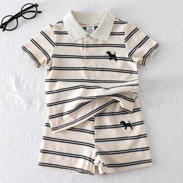 SHEIN 2pcs/Set Baby Boys Casual Fashion Embroidered Striped Polo Collar Short Sleeve Top And Matching Shorts Set, Suitable For Spring/Summer Outdoor, Indoor