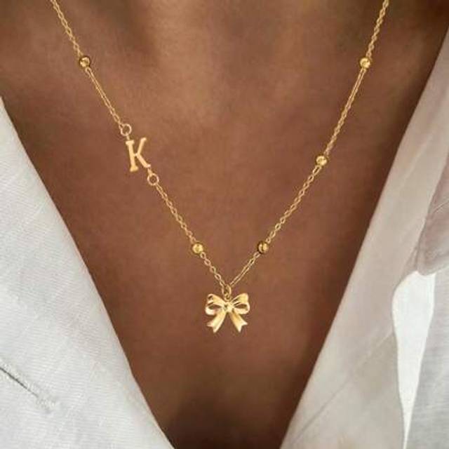 SHEIN 1 Pc New Fashion Gold Color Initial Bowknot Pendant Stainless Steel Bead Chain Necklace For Women Valentines,Mom,Mother,Mother&#39;s Day,Gift