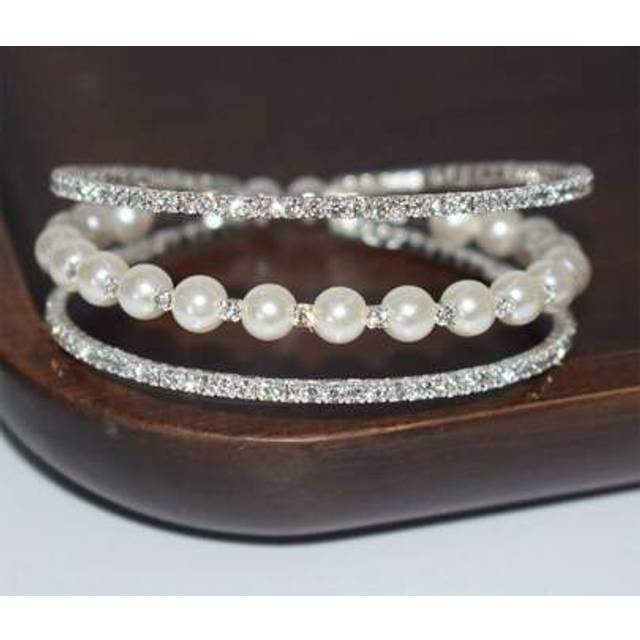 SHEIN 1pc 3-Row Crystal & Pearl Hinged Bangle Bracelet, Silver-Color, Bridal Wedding Party Gift Accessory